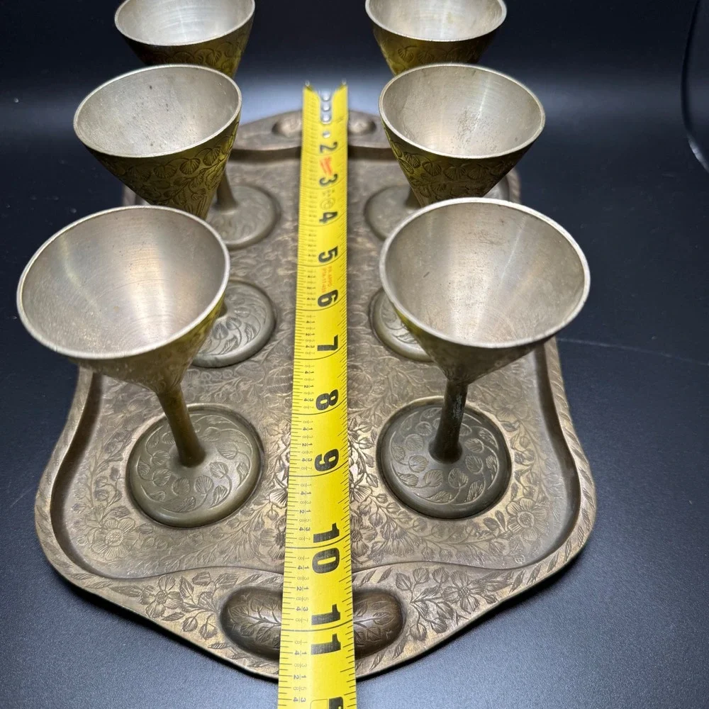 Vintage Brass Shot‎ Glasses Set with Etched Tray Made in India